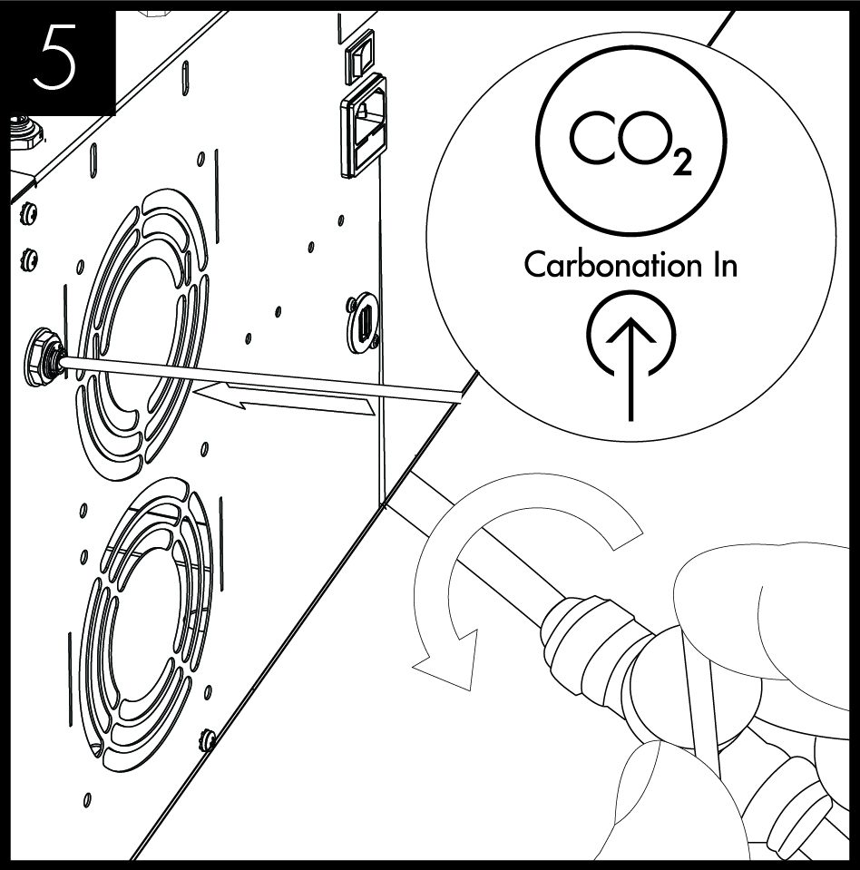 Connect the CO2 supply from gas regulator, ensuring the pressure is set to max 58 PSI (4 bar), and turn on the supply (See CO2 Installation section)<br /> <br /> <br /> <br /> 